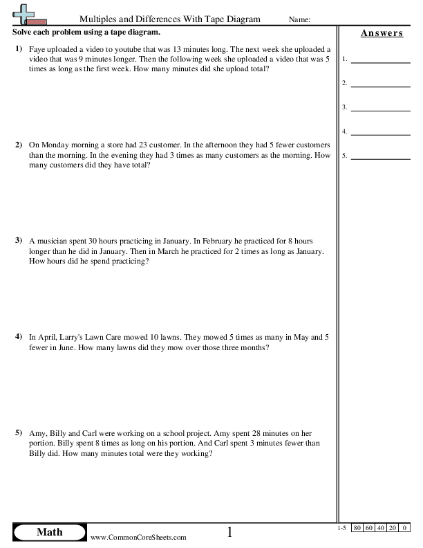 Multiples and Differences With Tape Diagram worksheet